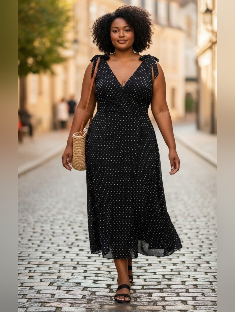 City Chic Women's S/16 Black White Polka Dot Tie Strap Wrap Midi Dress Plus Size - Picture 1 of 14